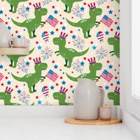Funny patriotic t-rex july 4th independence day fabric  beige