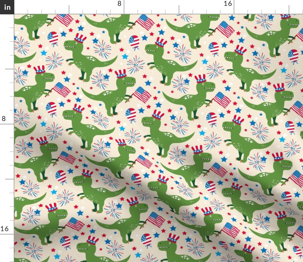 Funny patriotic t-rex july 4th independence day fabric  beige