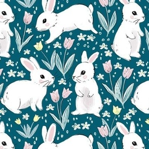 Cute Easter bunnies Easter fabric WB22 teal