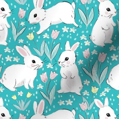 Cute Easter bunnies Easter fabric WB22 turquoise