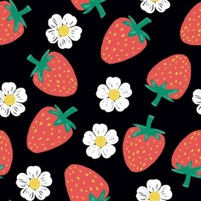 Strawberries with strawberry flowers on black, strawberry fabric