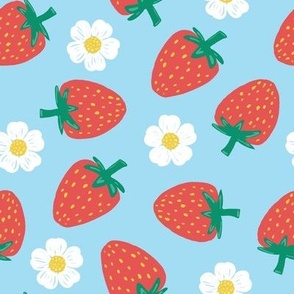 Strawberries with strawberry flowers on light blue, strawberry fabric