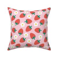 Strawberries with strawberry flowers on blush pink, strawberry fabric
