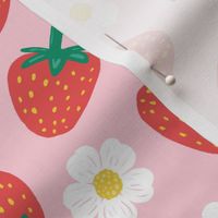 Strawberries with strawberry flowers on blush pink, strawberry fabric