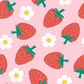 Strawberries with strawberry flowers on blush pink, strawberry fabric