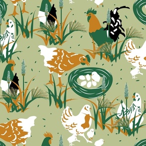 Cozy Nesting- Spring Chickens- Sage- Large Scale