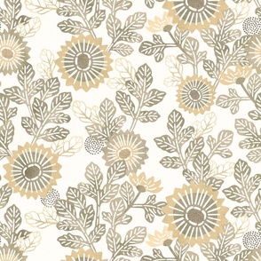 Vintage  Neutral Botanical- Medium Japanese Floral-Tan- Beige- Cream- Gold- Elegant Sunflower- Soft Floral- Muted Colors- Wallpaper- Home Decor
