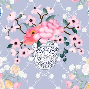 Chinoiserie Blossom Bouquets in Vases on Grey Blue