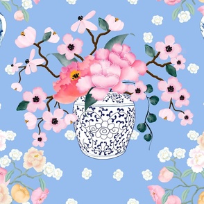 Chinoiserie Blossom Bouquets in Vases on Bright Blue
