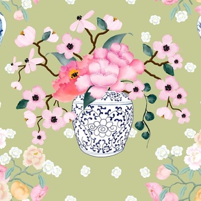 Chinoiserie Blossom Bouquets in Vases on Pale Olive