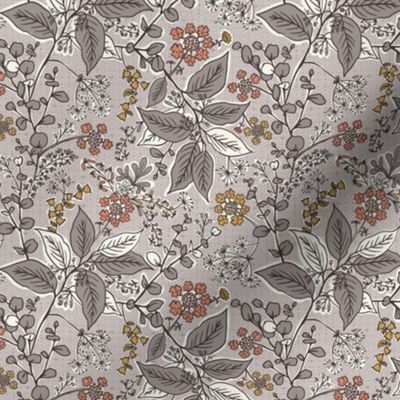 Gracelyn - Hand Drawn Botanical Floral Taupe Multi Small Scale