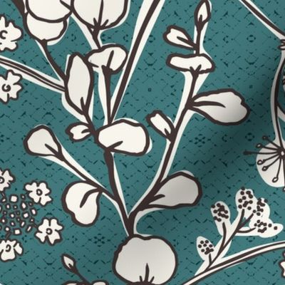 Gracelyn - Hand Drawn Botanical Floral Teal Ivory Large Scale