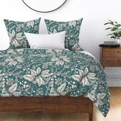 Gracelyn - Hand Drawn Botanical Floral Teal Ivory Large Scale