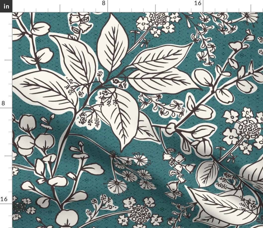 Gracelyn - Hand Drawn Botanical Floral Teal Ivory Large Scale