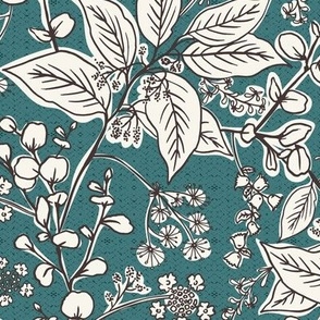 Gracelyn - Hand Drawn Botanical Floral Teal Ivory Regular Scale