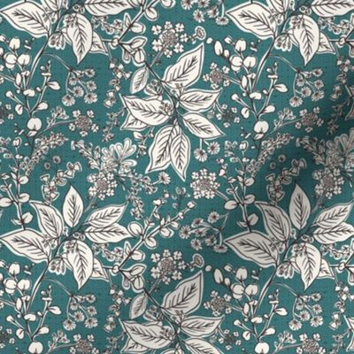 Gracelyn - Hand Drawn Botanical Floral Teal Ivory Small Scale