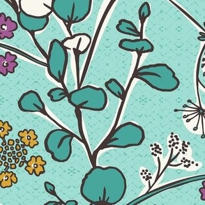 Gracelyn - Hand Drawn Botanical Floral Aqua Multi Large Scale