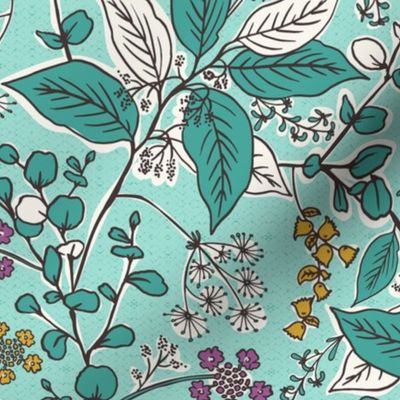 Gracelyn - Hand Drawn Botanical Floral Aqua Multi Regular Scale