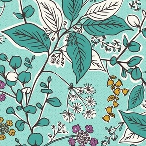 Gracelyn - Hand Drawn Botanical Floral Aqua Multi Regular Scale