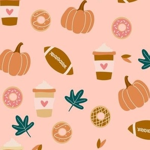 Small Fall Favorites Pumpkin Spice Latte Football Donuts Leaves cute seasonal on pink