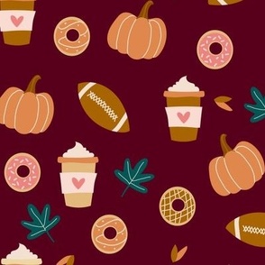 Small Fall Favorites Pumpkin Spice Latte Football Donuts Leaves cute seasonal on burgundy