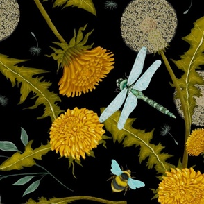 Dandelions and Dragonflies on a black background, jumbo scale