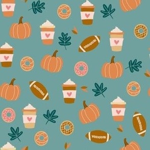 Tiny Fall Favorites Pumpkin Spice Latte Football Donuts Leaves cute seasonal on teal