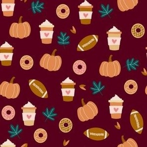 Tiny Fall Favorites Pumpkin Spice Latte Football Donuts Leaves cute seasonal on burgundy