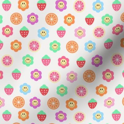 Tiny Small Colorful Retro Smiley Flowers Strawberries and Citrus Fruits Fabric