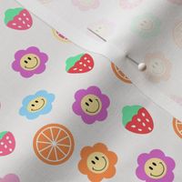 Tiny Small Colorful Retro Smiley Flowers Strawberries and Citrus Fruits Fabric