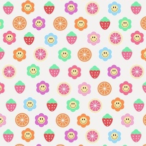 Tiny Small Colorful Retro Smiley Flowers Strawberries and Citrus Fruits Fabric