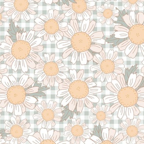 Large Light Retro Daisies Floral on Green Gingham