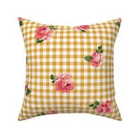 Cottagecore Pink Flowers on Mustard Yellow Gingham 30s 40s Floral