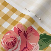 Cottagecore Pink Flowers on Mustard Yellow Gingham 30s 40s Floral