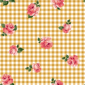 Cottagecore Pink Flowers on Mustard Yellow Gingham 30s 40s Floral