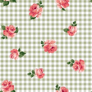 30s Pink Flowers on Green Gingham Cottagecore Floral