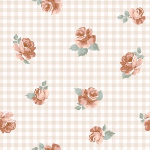 Cottagecore Neutral Roses on Beige Gingham