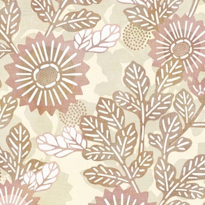 Vintage  Neutral Botanical- Tan and Mauve on Cream- Extra Large Japanese Floral- Rose- Tan- Beige- Butter Yellow- Pastel Yellow- Elegant Sunflower- Soft Floral- Muted Garden- Wallpaper- Home Decor- Jumbo- Large Scale