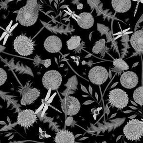 Dandelions and Dragonflies in monochromatic on black background