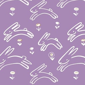 Rabbits Leaping with Spring Flowers, Lavender Purple