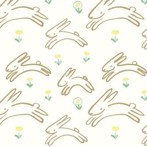 Rabbits Leaping with Spring Flowers, Cream