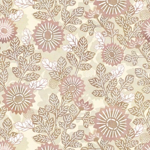 Vintage Neutral Botanical- Tan and Mauve on Cream-Medium Japanese Floral- Rose- Tan- Beige- Butter Yellow- Pastel Yellow- Elegant Sunflower- Soft Floral- Muted Garden- Wallpaper- Home Decor- Small Scale