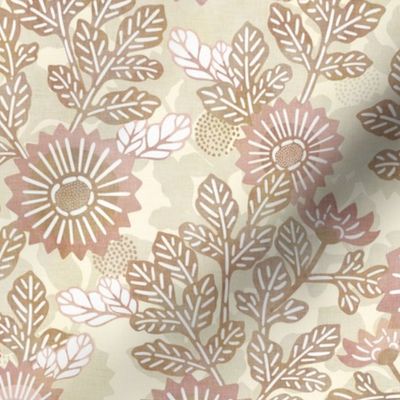 Vintage Neutral Botanical- Tan and Mauve on Cream-Small Japanese Floral- Rose- Tan- Beige- Butter Yellow- Pastel Yellow- Elegant Sunflower- Soft Floral- Muted Garden- Wallpaper- Home Decor- Small Scale- Spring