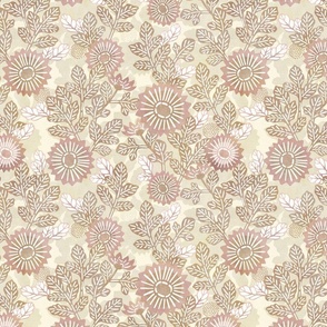 Vintage Neutral Botanical- Tan and Mauve on Cream-Small Japanese Floral- Rose- Tan- Beige- Butter Yellow- Pastel Yellow- Elegant Sunflower- Soft Floral- Muted Garden- Wallpaper- Home Decor- Small Scale- Spring