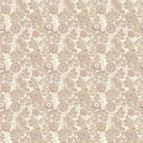 Vintage Neutral Botanical- Tan and Mauve on Cream-Mini- Japanese Floral- Rose- Tan- Beige- Butter Yellow- Pastel Yellow- Elegant Sunflower- Soft Floral- Muted Garden- Wallpaper- Home Decor- Small Scale- Spring