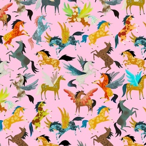 Magical Unicorns and Winged Horses on a light pink background