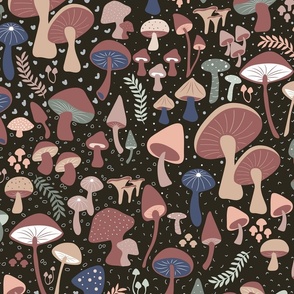 Mushroom Forest - Black Background - Fungi - Fungus - Forest - Nature - Food - Garden - Earth Tones - Earth Colors - Mushroom Wallpaper - Moody Fungi