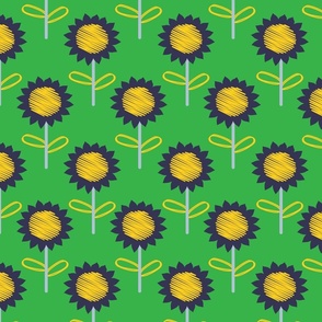 Blue and Yellow Sunflowers - Green Background