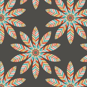 Petal Mandala Mid-Century Modern Scandi Folk Floral in Retro Boho Colours on Brown - MEDIUM Scale - UnBlink Studio by Jackie Tahara