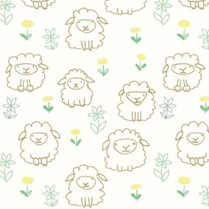 Little Lambs in the Meadow, Brown, Green, Yellow